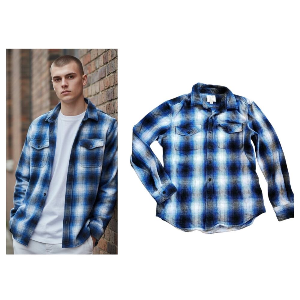 American Eagle Mens Shacket Button Down Shirt Size M-L Blue Plaid Heavy Shirt